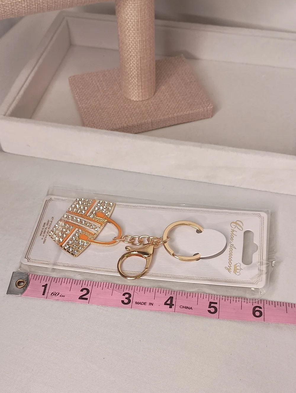 Women's Gold Rhinestone Handbag Keychain Bag Charm with Orange Accents GOLD